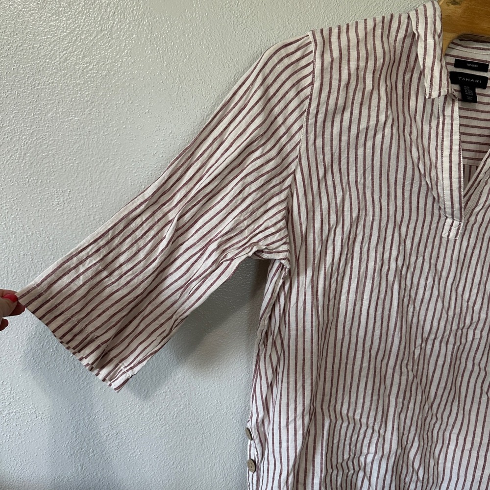 Tahari Linen Tunic Top Red Striped 3/4 Sleeve Split Neck Collared Womens Size 2X - Picture 2 of 6